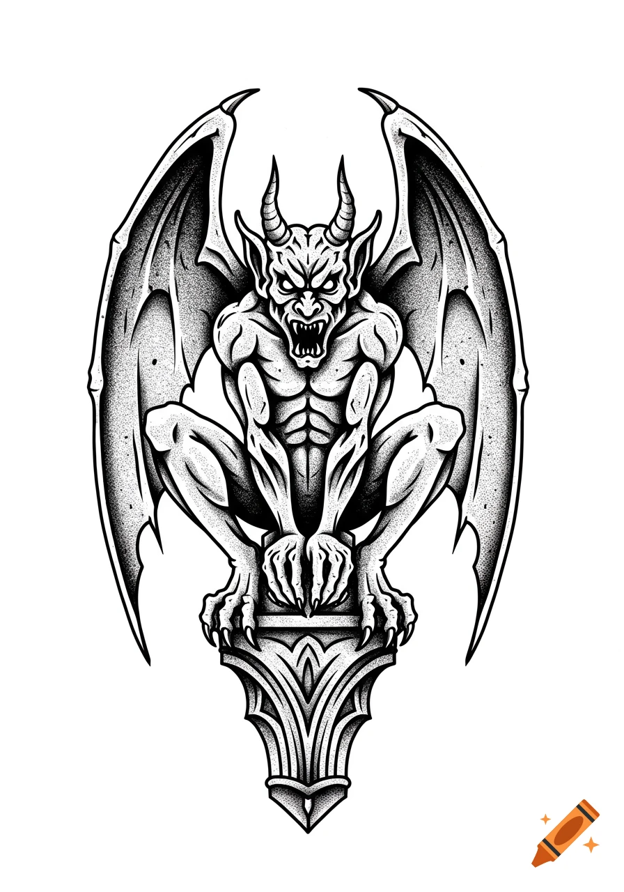 A black and white neotraditional tattoo style line art illustration of a snarling gargoyle with horns and wings, squatting on a decorative pedestal.
