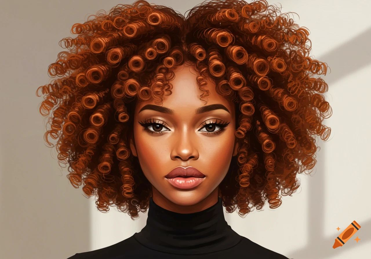 A stylized digital painting of a woman with voluminous reddish-brown curly hair and a black turtleneck.