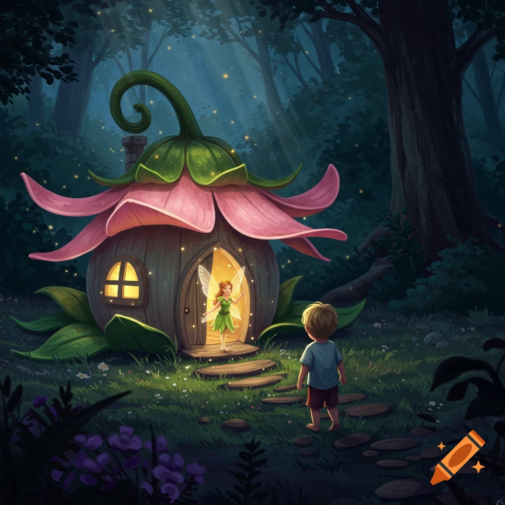 A boy stands in a whimsical forest clearing, looking at a glowing flower-shaped fairy house from which a fairy waves.