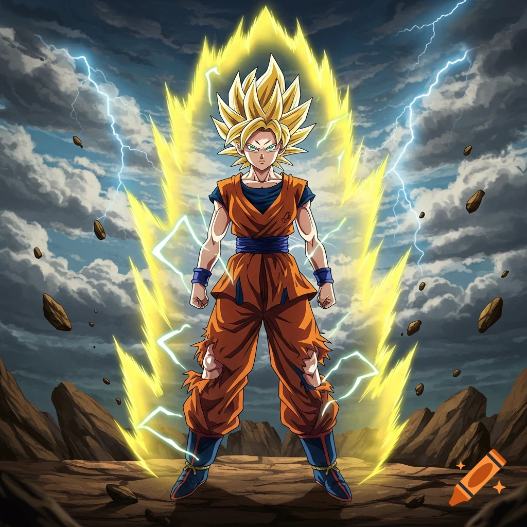 Goku, a male anime character with spiky blonde hair, powers up with a yellow aura and lightning against a stormy sky.