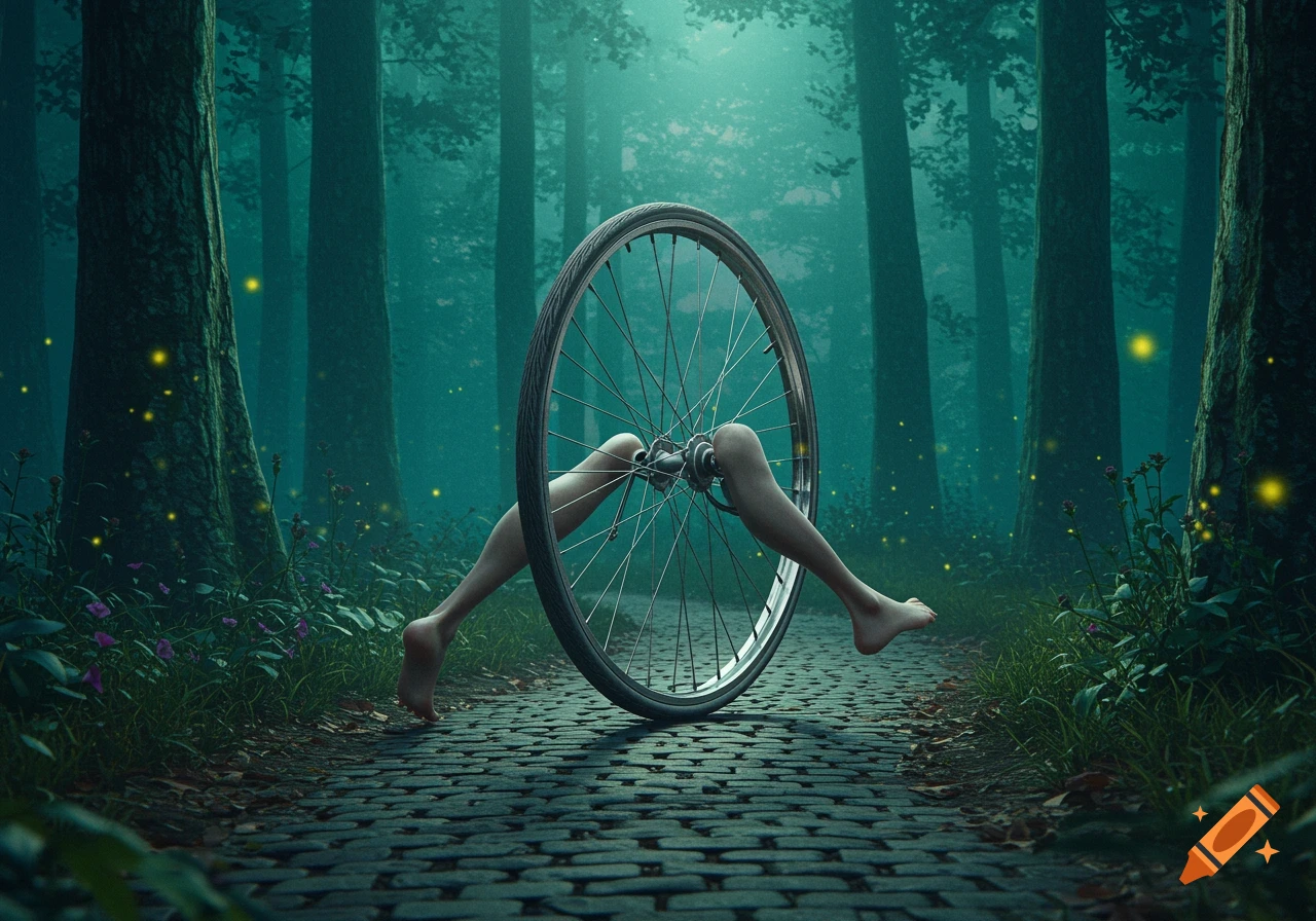 A surreal image of a bicycle wheel with human legs as spokes, set on a cobblestone path in a dark, misty forest with glowing fireflies.