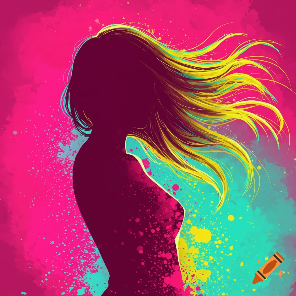 Abstract illustration of a female silhouette with long, flowing yellow and green hair against a vibrant pink and teal background with paint splatters.