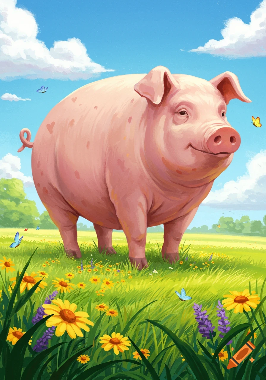 A large, happy pink pig stands in a green meadow with yellow and purple flowers under a blue sky, with butterflies fluttering around. Stylized illustration.