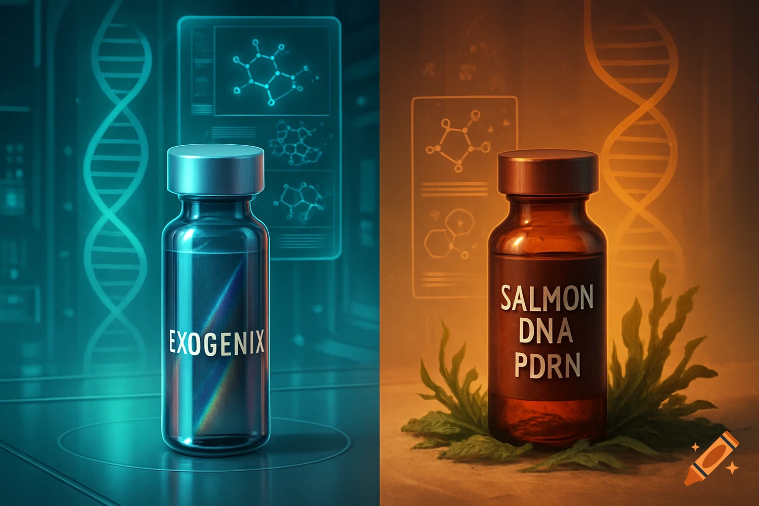 Two medical vials, one blue labeled 'EXOGENIX' and one amber labeled 'SALMON DNA PDRN', against scientific backgrounds.