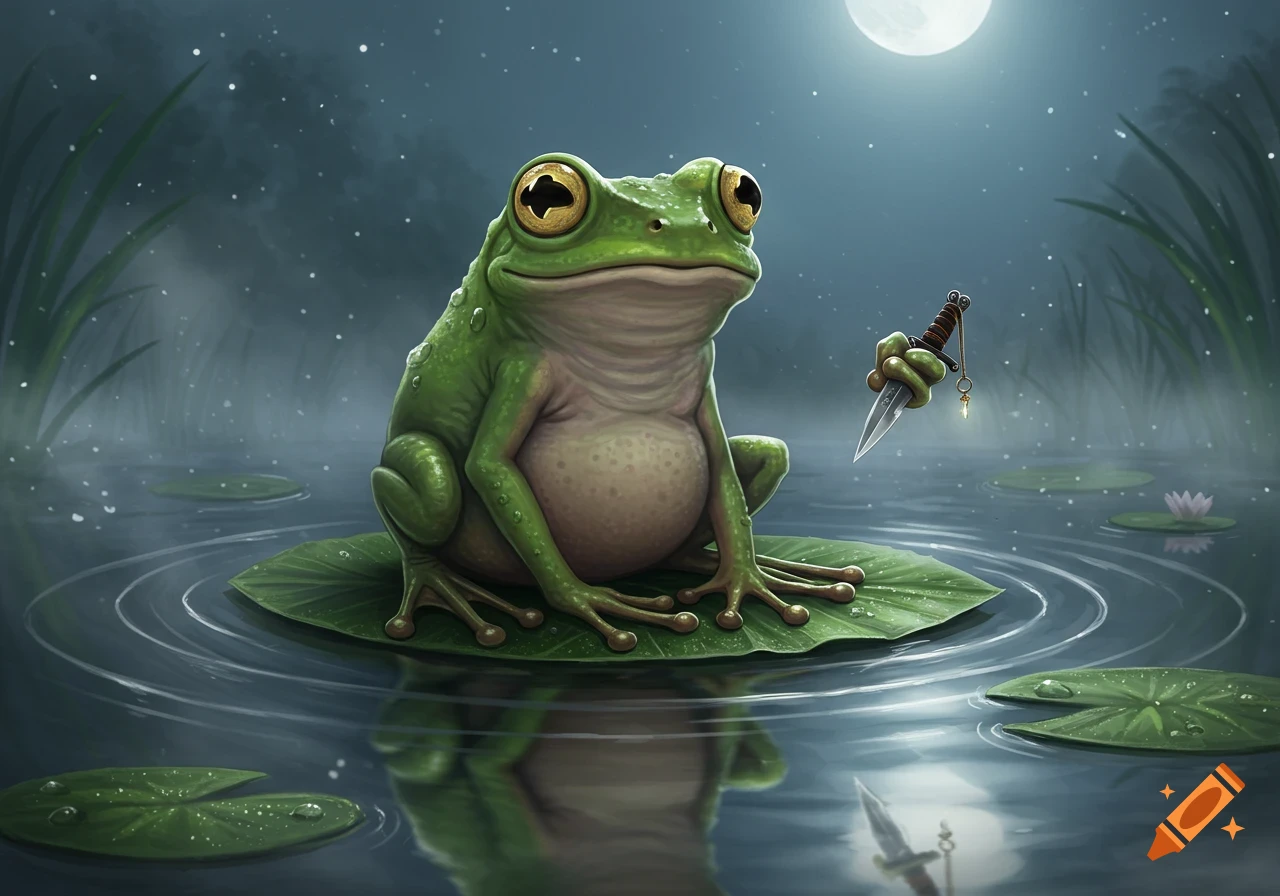 A cartoon green frog sits on a lily pad in a pond at night, holding a small dagger under a full moon.