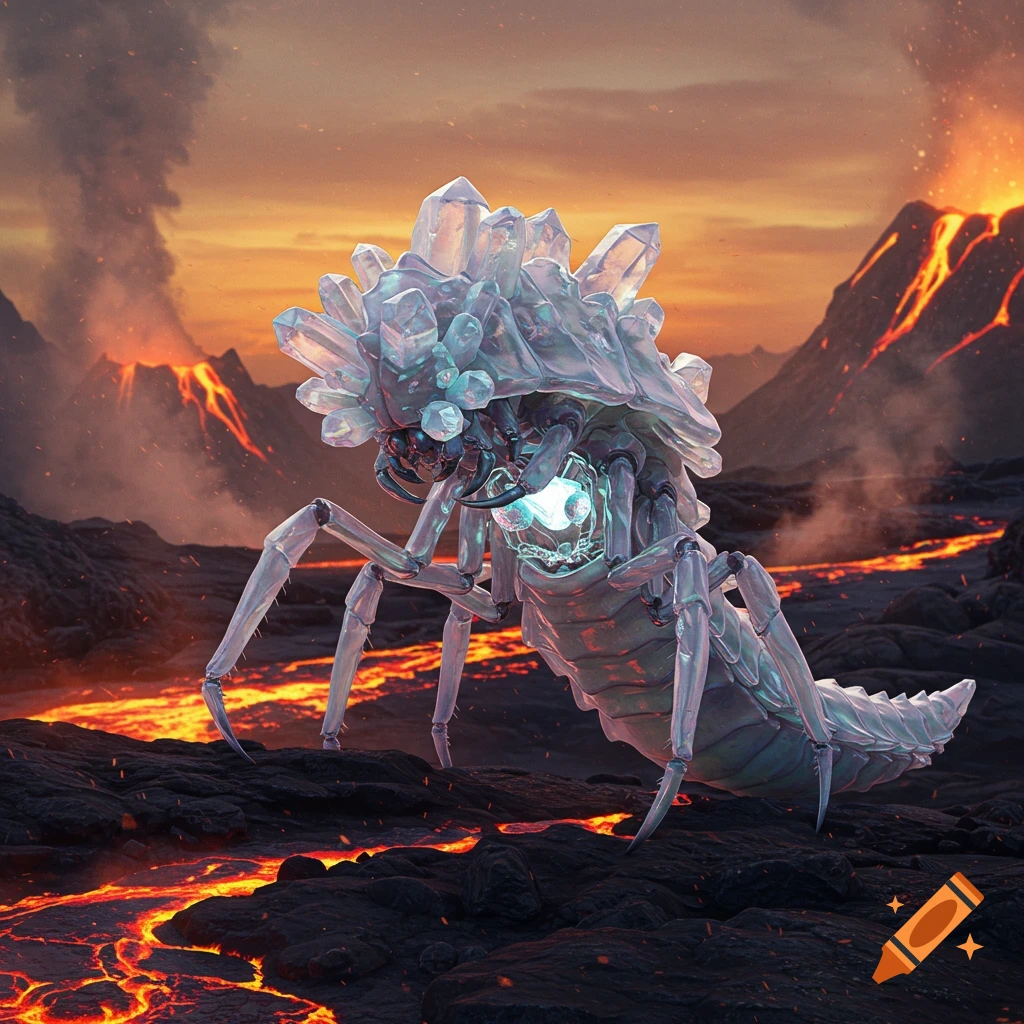 A detailed, realistic sci-fi concept art of a crystal insectoid alien creature with glowing eyes in a volcanic landscape with lava rivers.