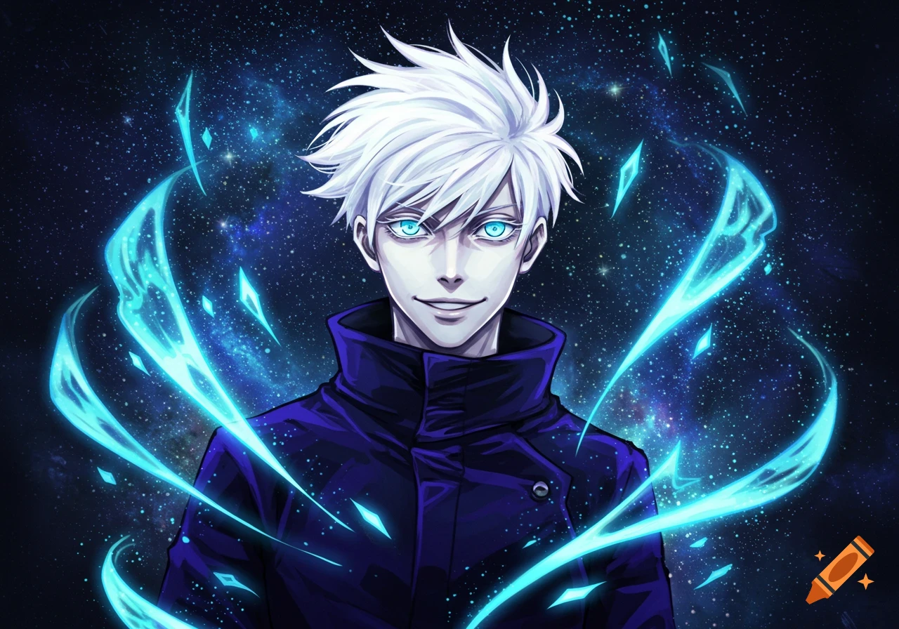 Anime portrait of Satoru Gojo with white spiky hair, glowing blue eyes, in a purple jacket, surrounded by blue energy against a starry background.