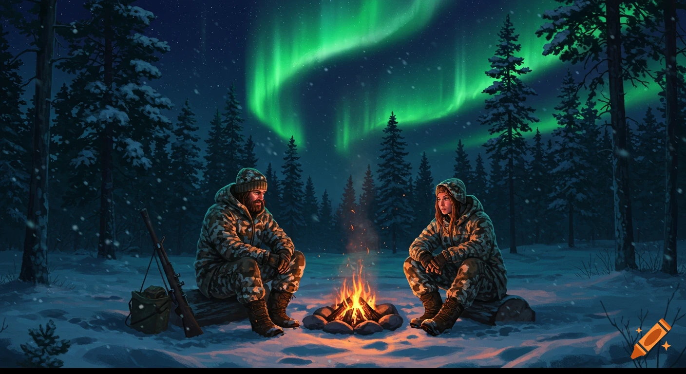 A man and woman in camouflage sit by a campfire in a snowy forest under the green northern lights. A rifle rests nearby.