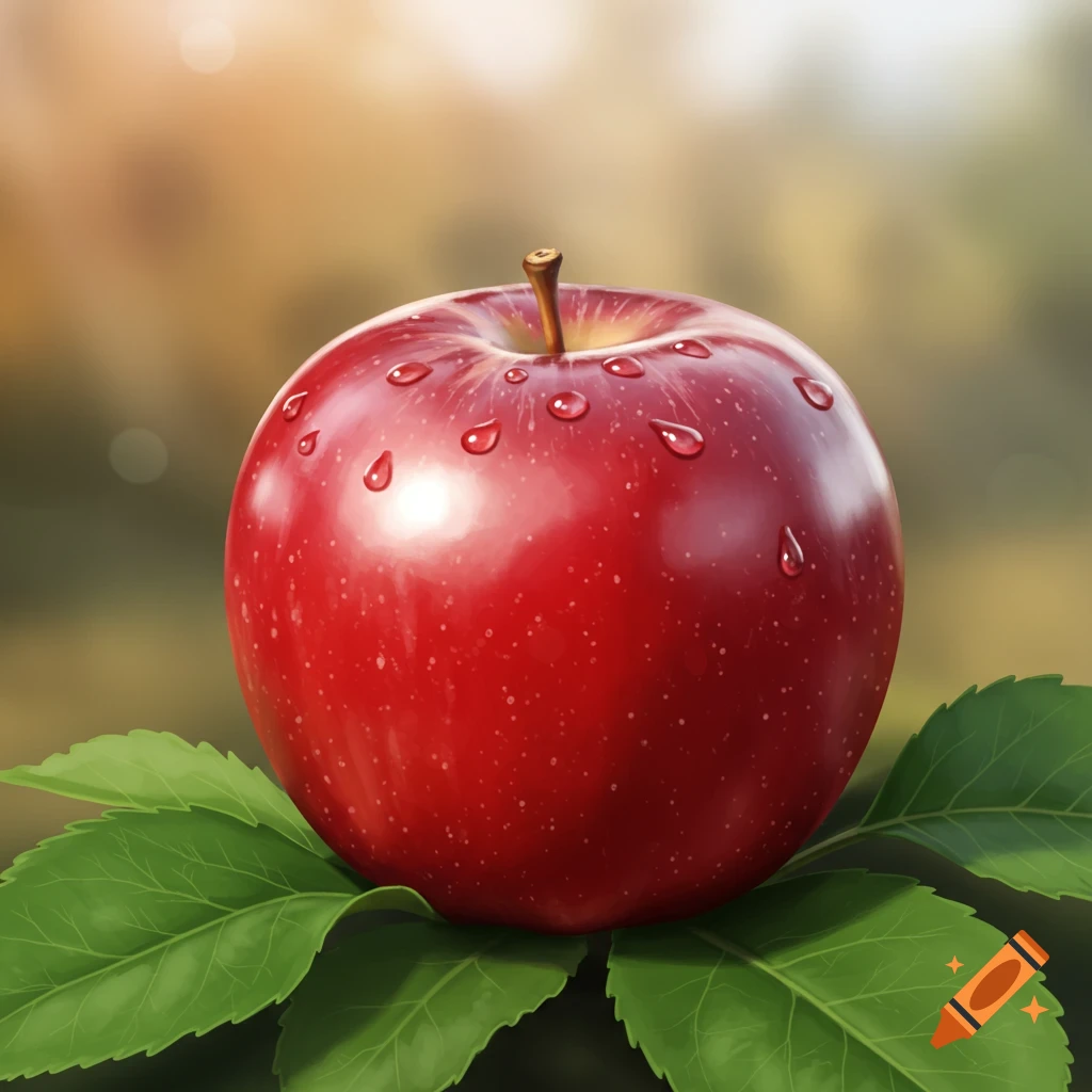 A vibrant red apple covered in water droplets rests on green leaves with a blurred outdoor background, photorealistic style.