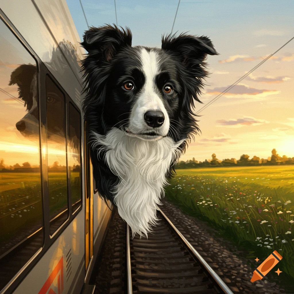 A Border Collie's head sticking out of a moving train, with tracks and a field at sunset.