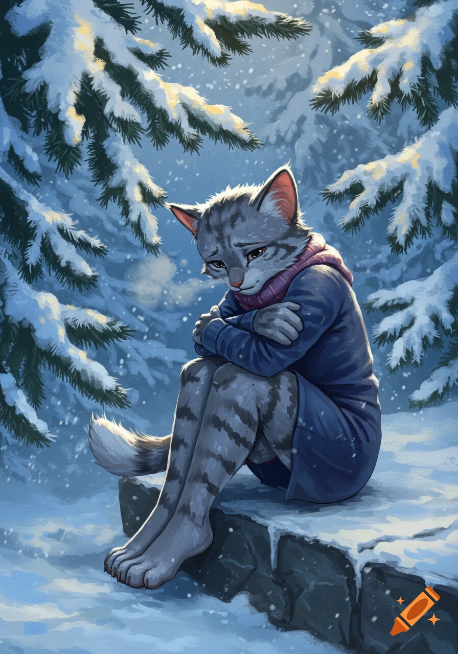 An anthropomorphic gray cat in a blue coat and pink scarf shivers on a snowy rock in a winter forest, hugging itself.