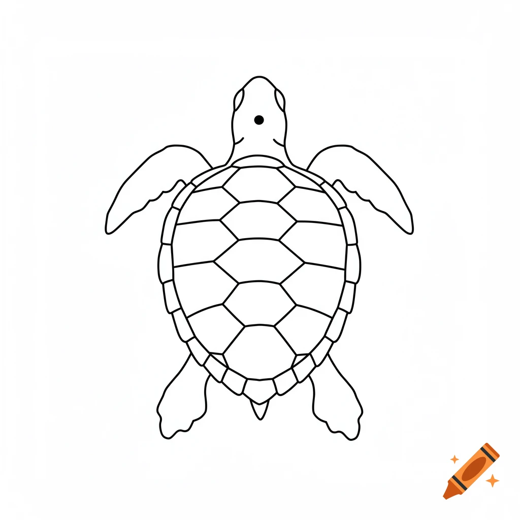 An outline drawing of a sea turtle viewed from above, with a small hole near its mouth on a white background.