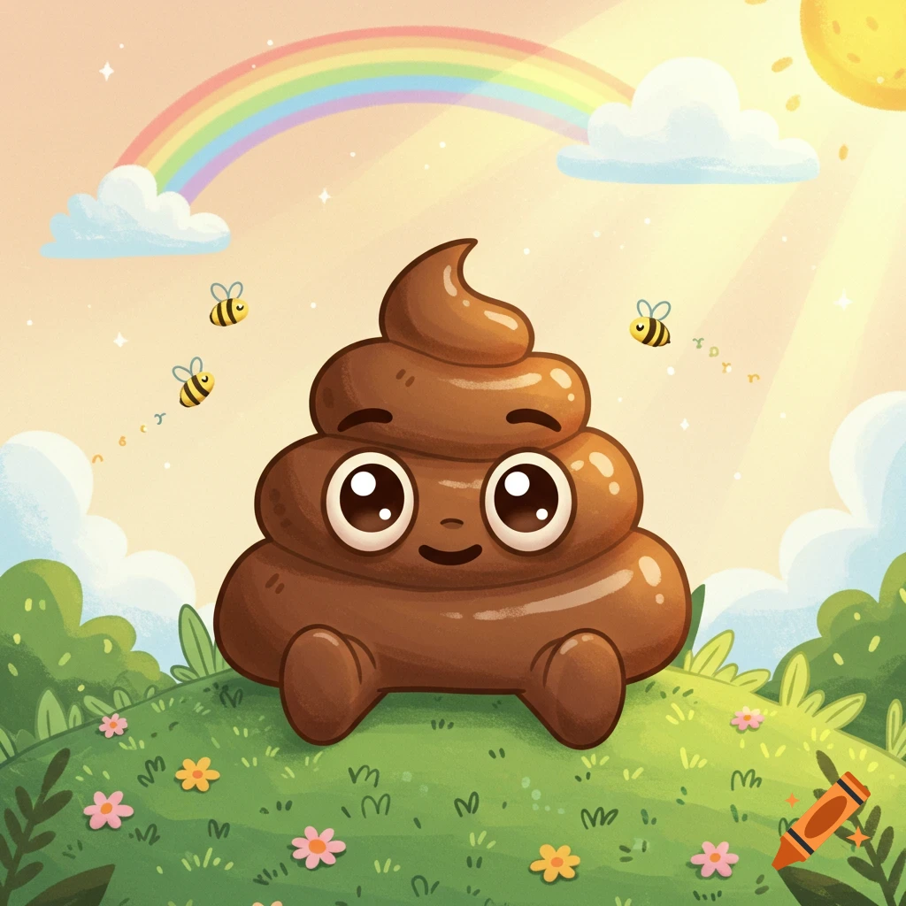 A cute cartoon poop character with big eyes smiles on a grassy hill under a rainbow with bees and flowers.