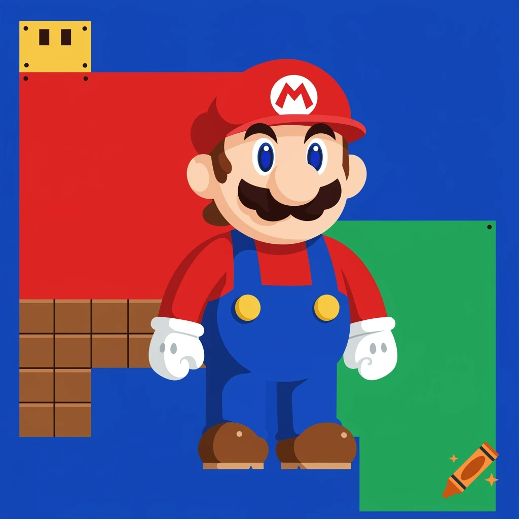 Cartoon illustration of Mario in his iconic red shirt, blue overalls, and red cap with an 'M', standing against a blue background with game elements.
