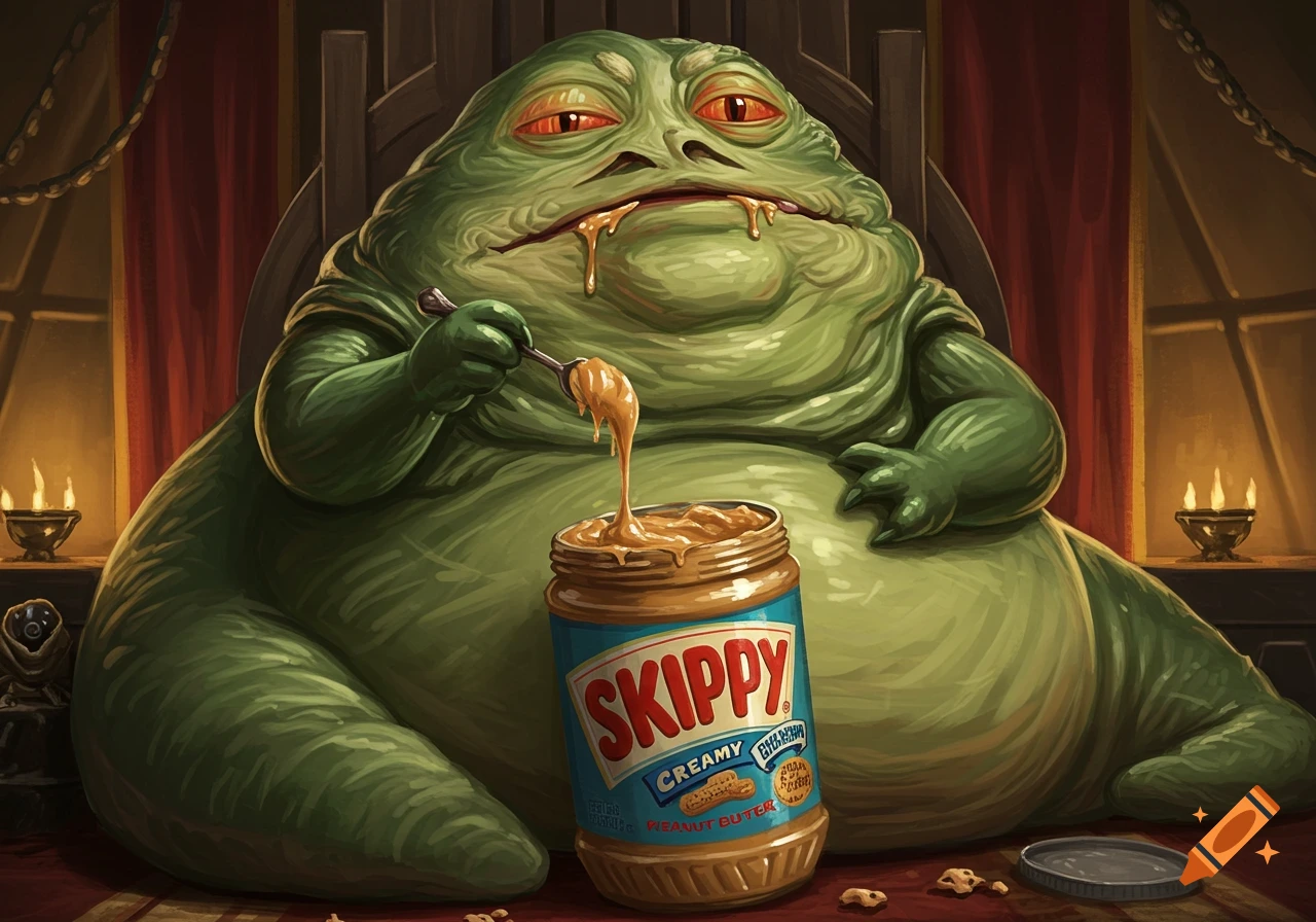 Jabba the Hutt sits on a throne, spooning creamy peanut butter from a Skippy jar, with some dripping from his mouth.