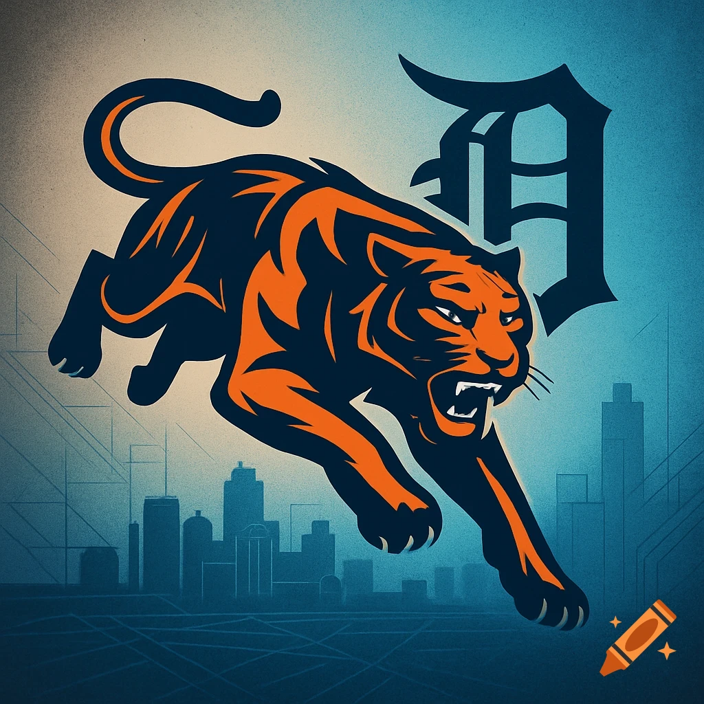 A stylized orange and black tiger mascot leaping, with a large 'D' and city skyline in the blue and beige background, resembling a sports logo.