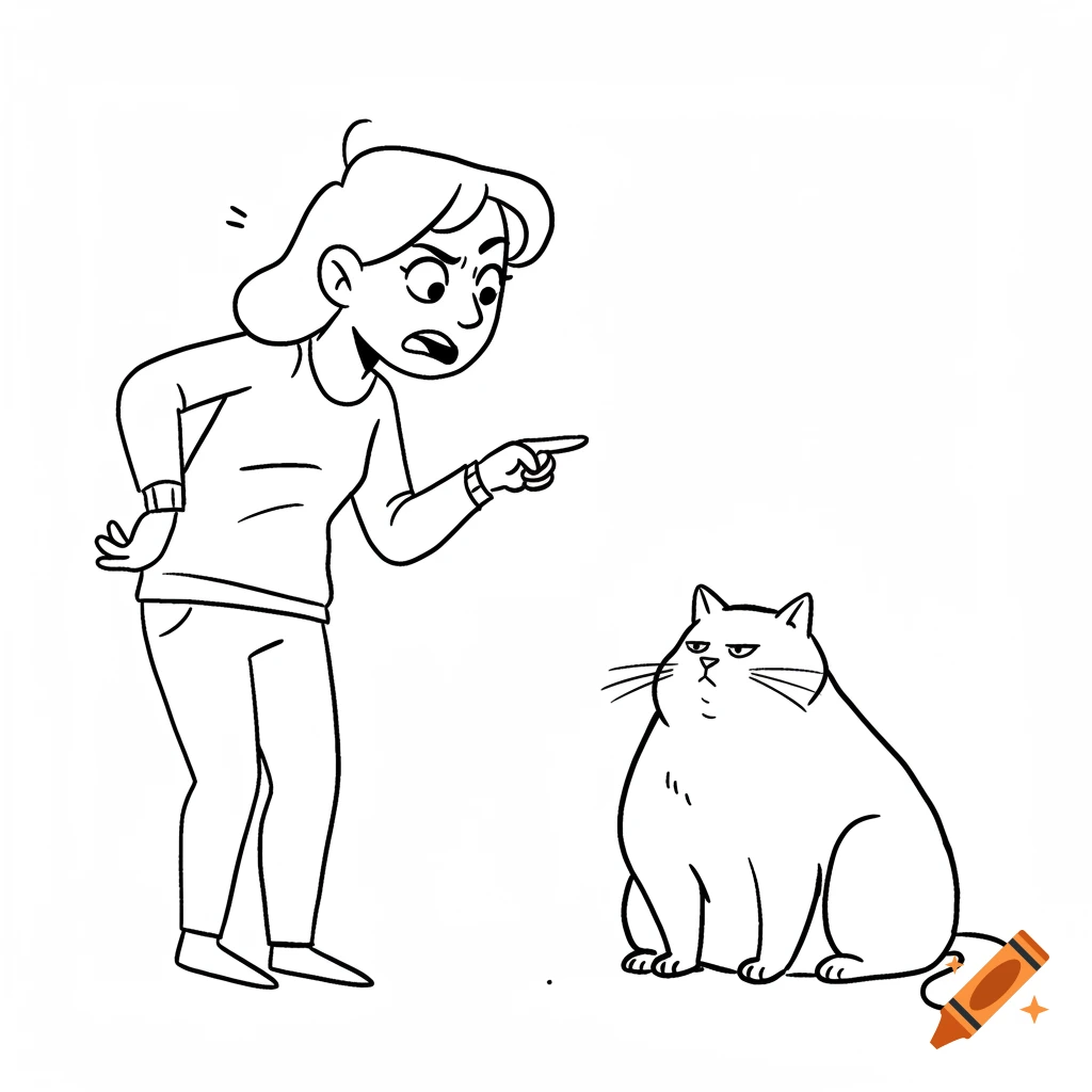 A black outline cartoon drawing of an angry woman pointing at a grumpy cat.
