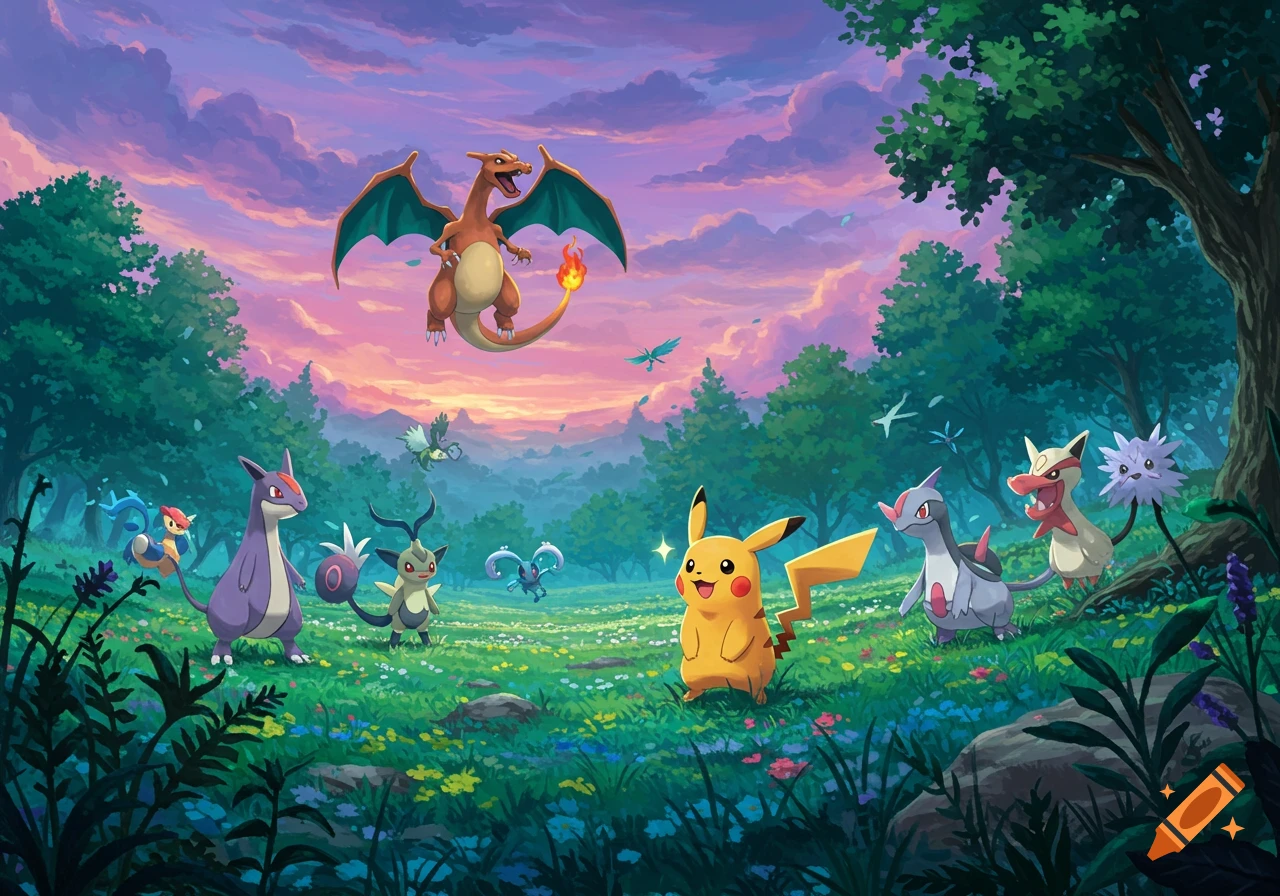 Charizard flies above a vibrant field where Pikachu and other Pokémon stand, under a beautiful pink and purple sunset sky.