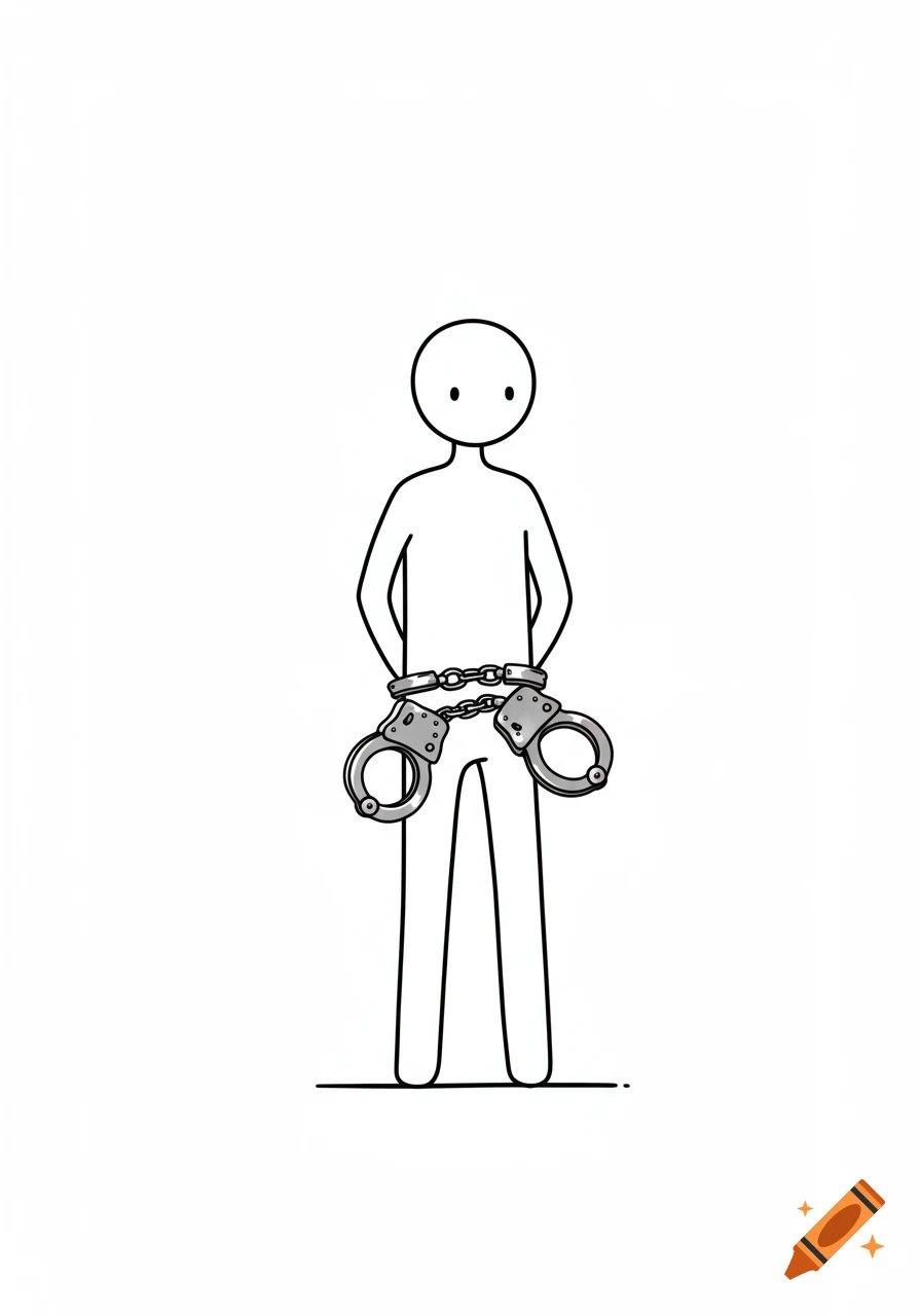 A minimalist stick figure with handcuffs behind its back on a white background.