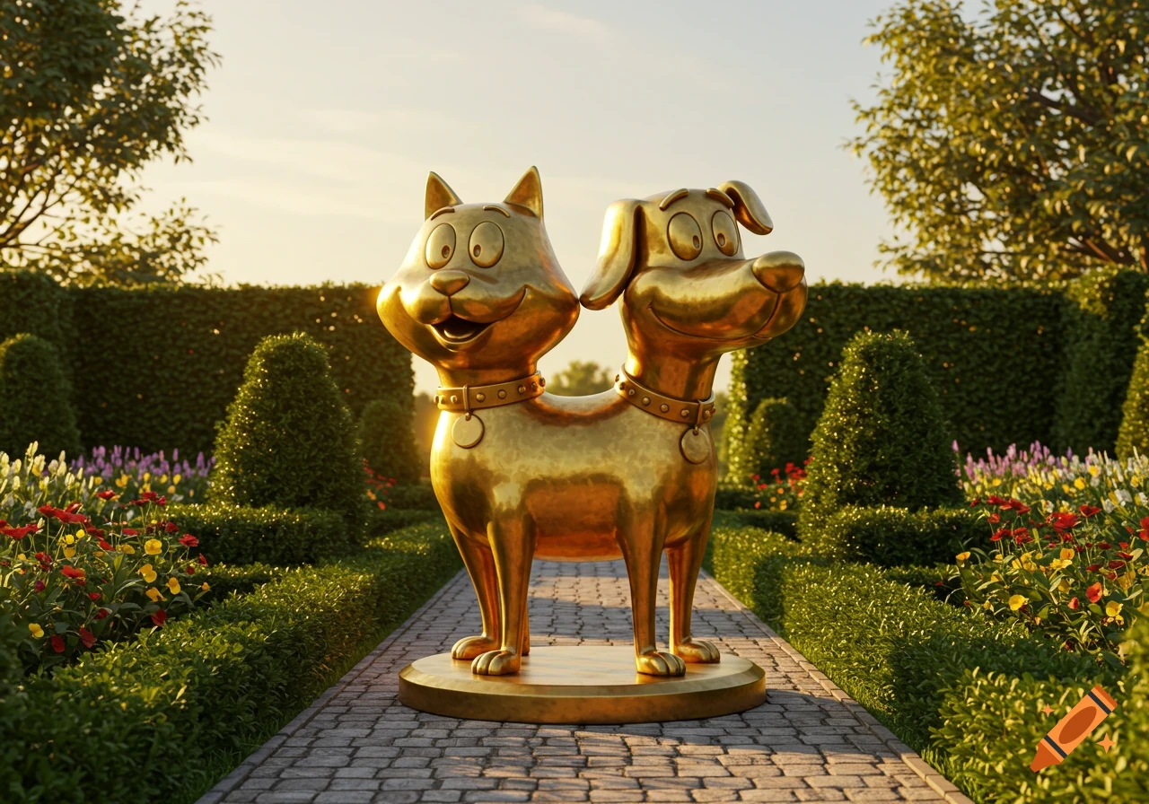 A golden statue of CatDog, the two-headed cartoon character, stands on a stone path in a lush, manicured garden with various flowers and neatly trimmed hedges under a soft, golden sky.