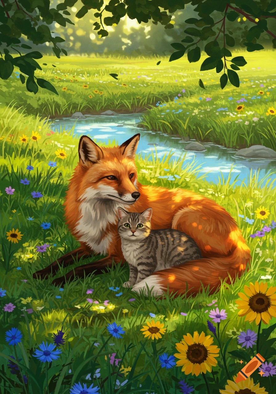 An illustrative painting of a fox and a tabby cat lying together in a sunny green meadow with colorful wildflowers and a small stream.