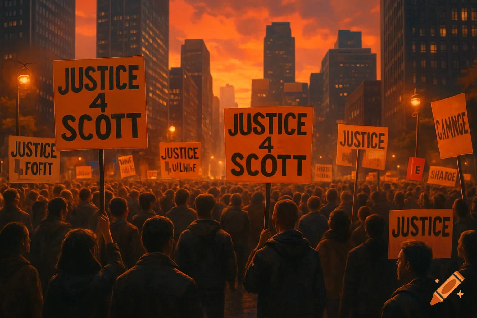 A large crowd of people protest on a city street at sunset, holding signs that read 'Justice 4 Scott' and other garbled text.