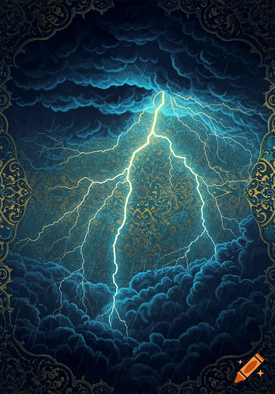 Abstract miniature Persian art style depiction of a thunderstorm with bright lightning and dark clouds framed by ornate golden patterns.