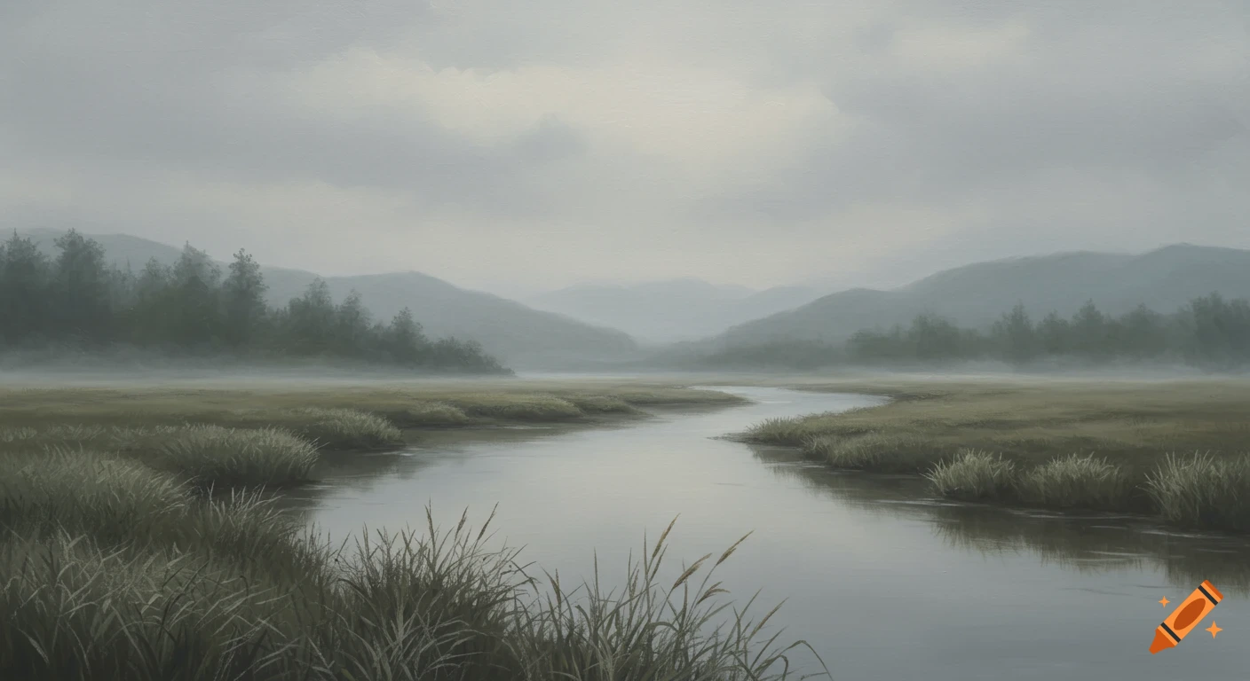 A moody painting of a winding river through a misty marshland with distant mountains under a cloudy sky.