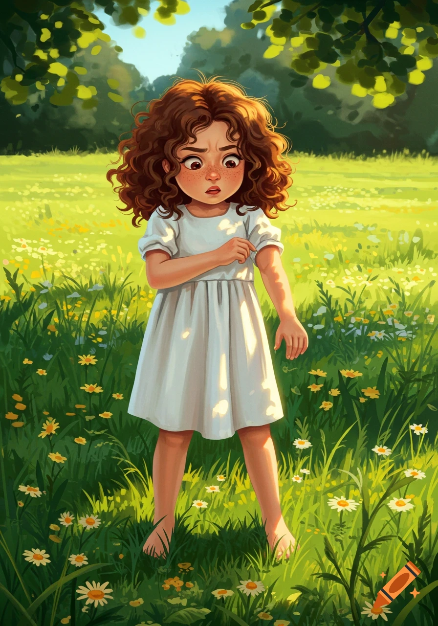 An expressive cartoon illustration of a young girl with curly brown hair and a white dress standing barefoot in a sunny field of green grass and wildflowers, looking surprised or worried.