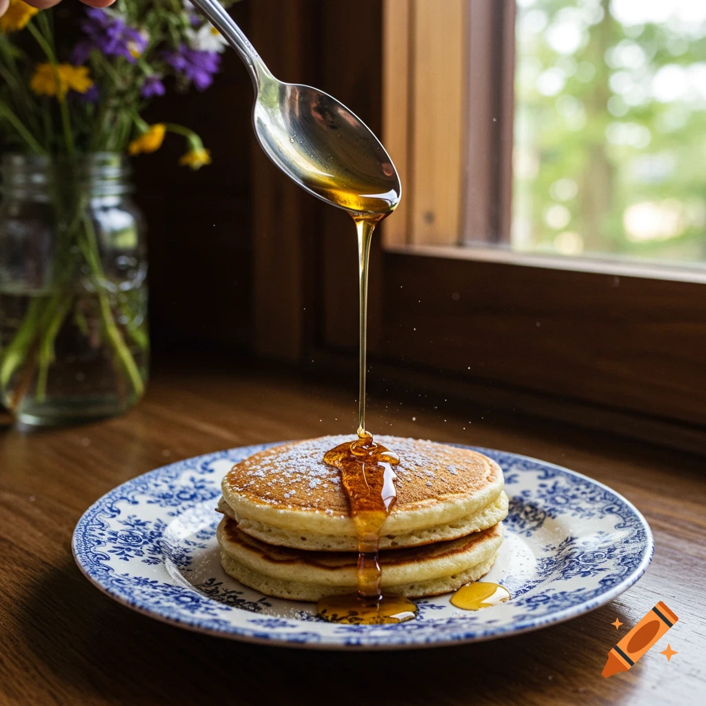 Maple syrup being poured from a spoon onto a stack of powdered sugar pancakes on a blue and white plate.