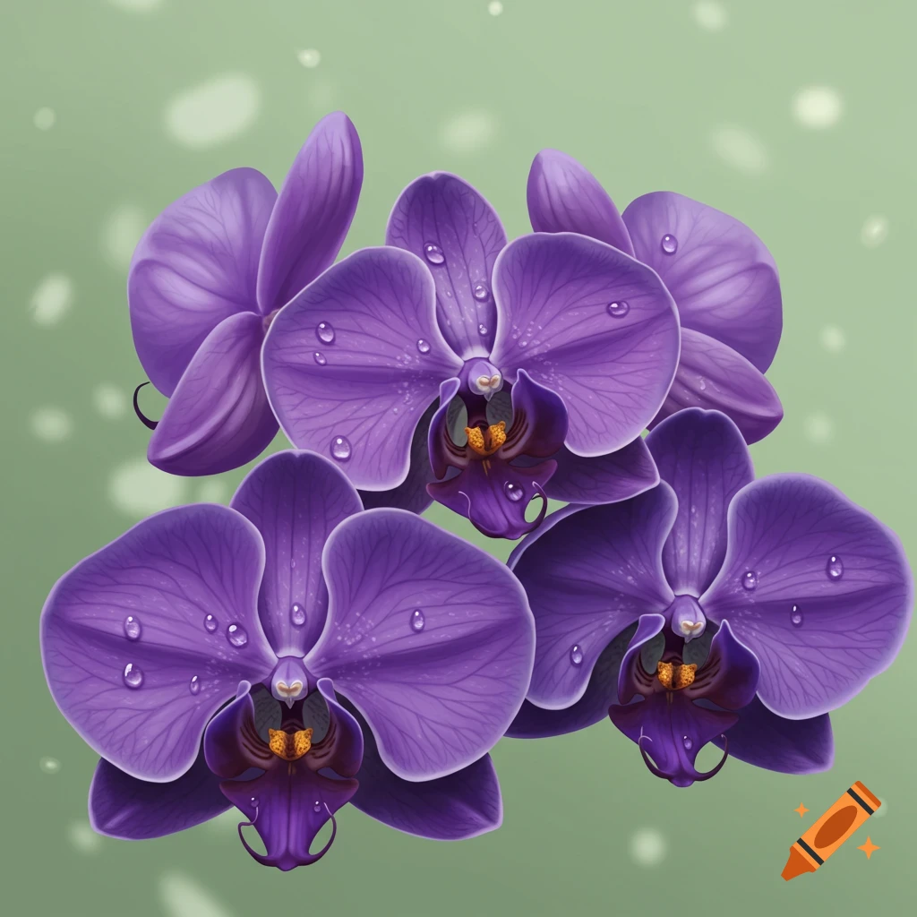 Vibrant purple orchids with water droplets on their petals, set against a soft pastel green background.