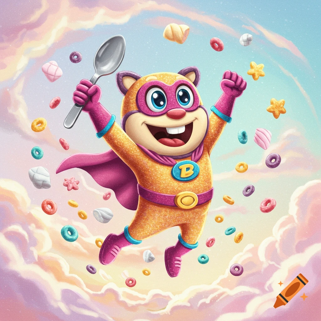 Vibrant cartoon illustration of a superhero beaver mascot flying, holding a spoon, surrounded by colorful cereal in a cloud-filled sky.