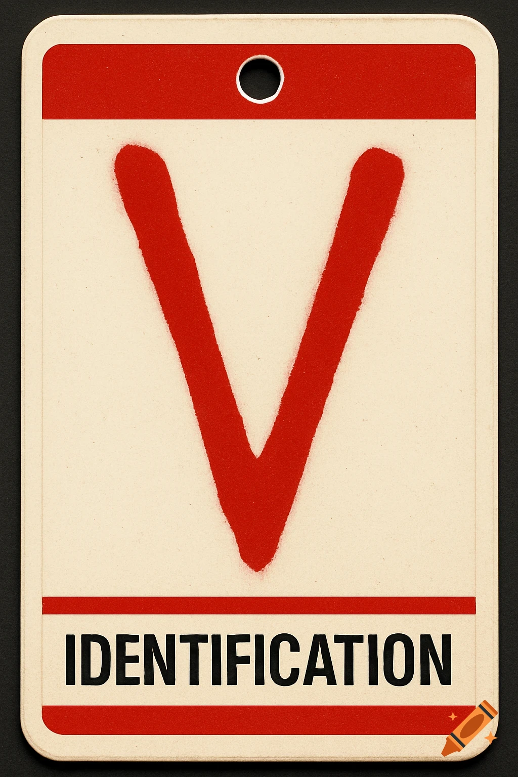 An old-style beige ID badge with a distressed red 'V' symbol and the word 'IDENTIFICATION' in black at the bottom, framed by red bars.