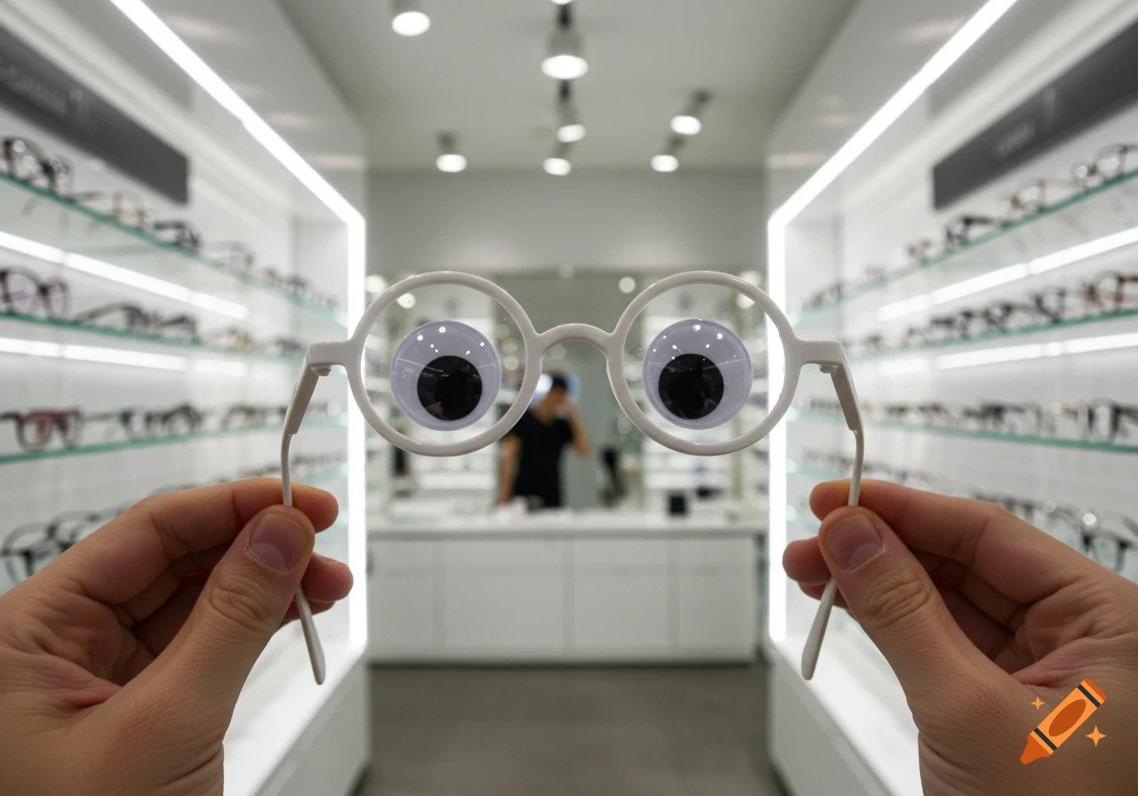A first-person view of hands holding novelty googly eye glasses in a brightly lit modern optical store with shelves of eyeglasses in the background.