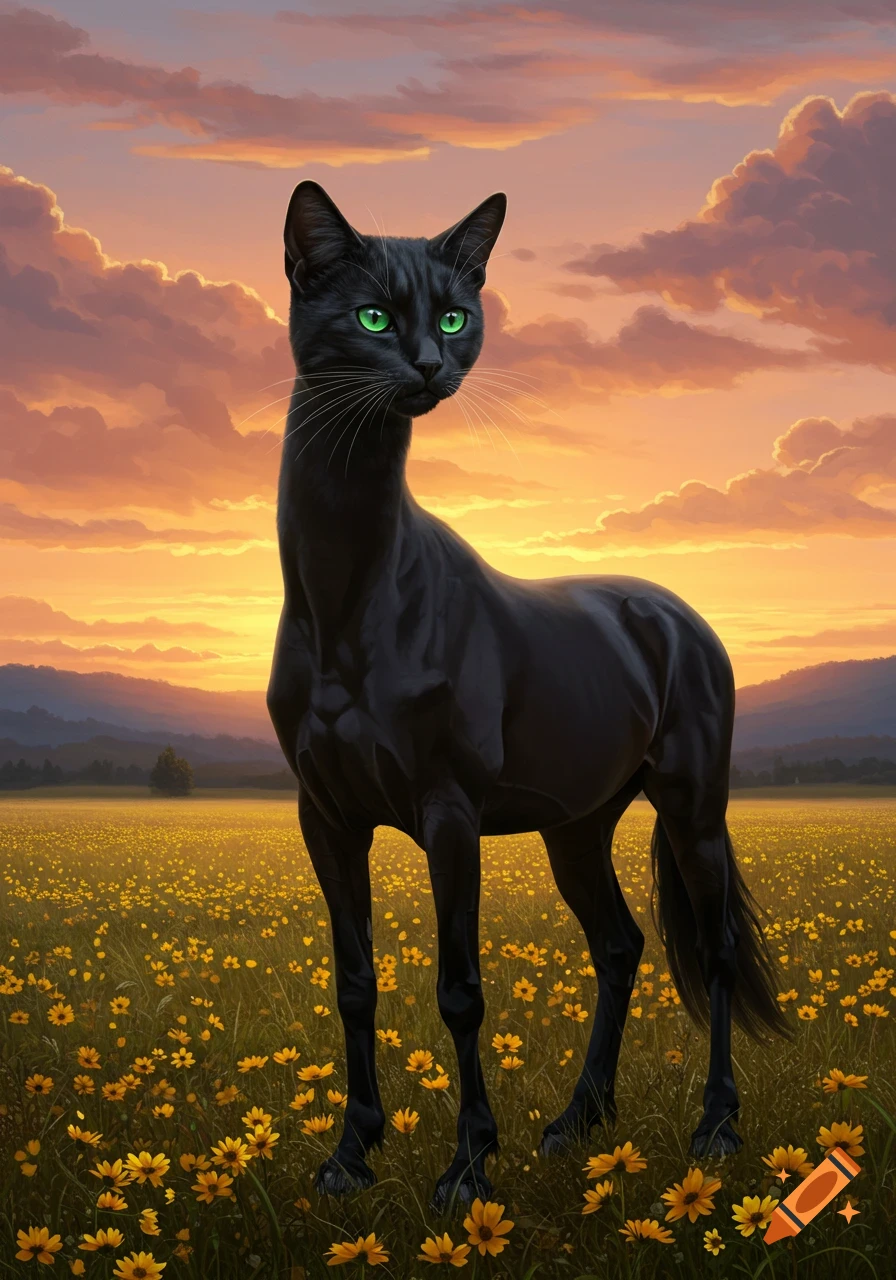 A black cat with bright green eyes and a horse's body stands in a field of yellow flowers at sunset.