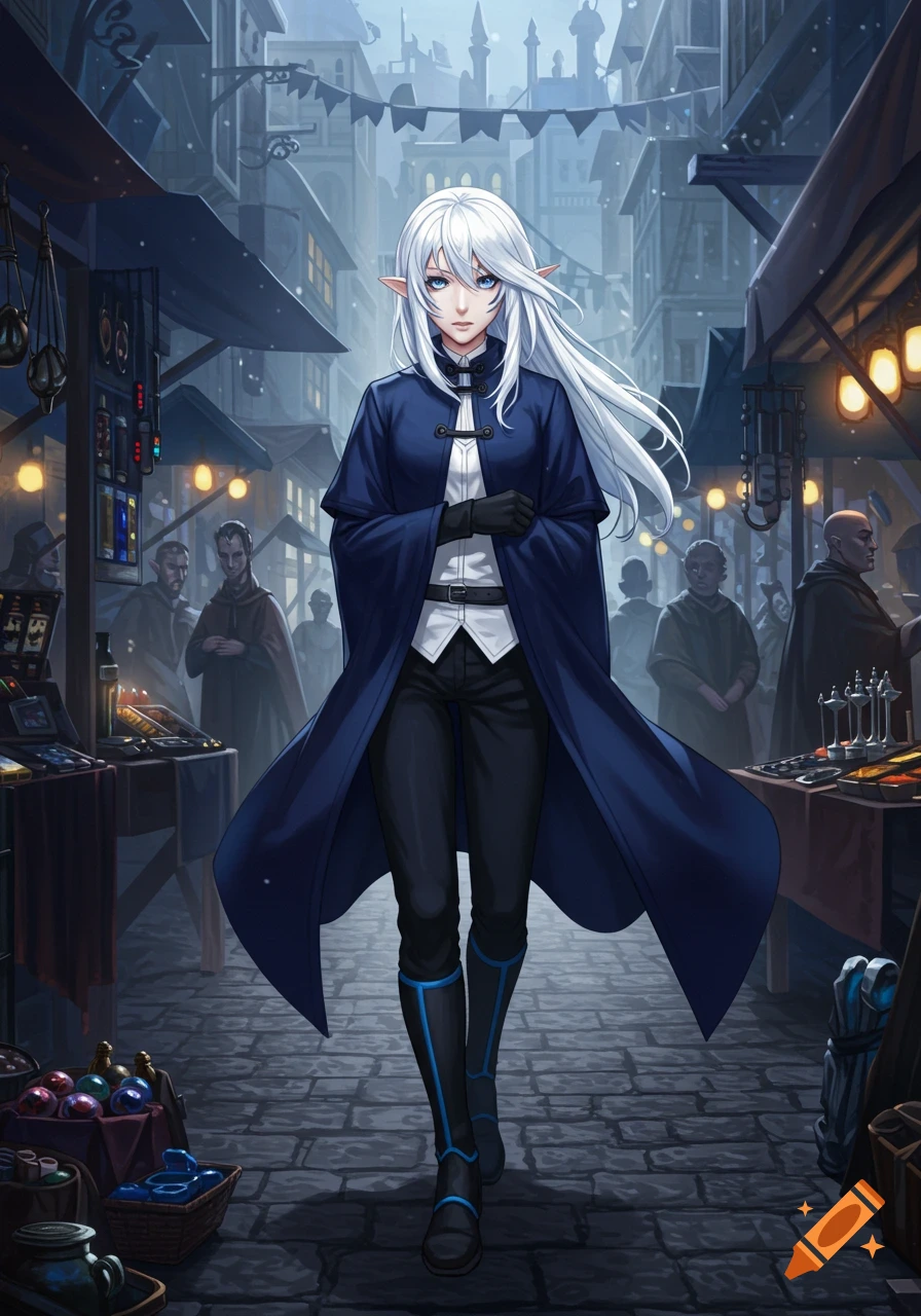 Anime elf woman with long white hair and blue eyes walks through a busy fantasy market street.