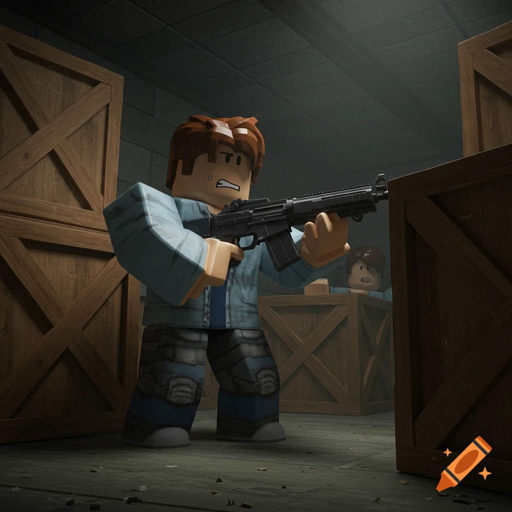Roblox character in a light blue jacket holding a rifle, aiming in a dark warehouse with wooden crates, another character hiding behind a crate.
