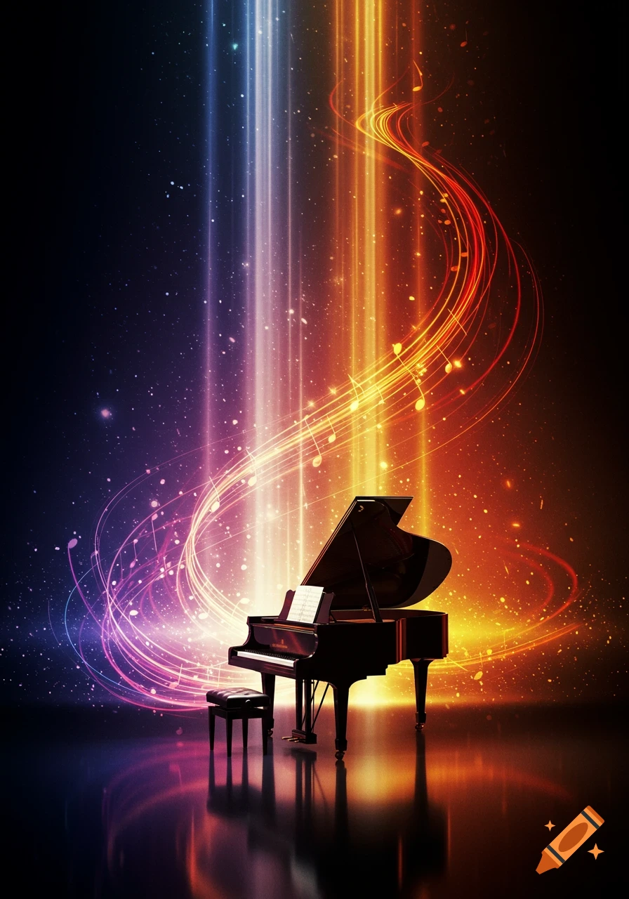 A grand piano sits on a reflective surface, surrounded by vibrant, glowing light beams and swirling musical notes in shades of blue, purple, and orange.