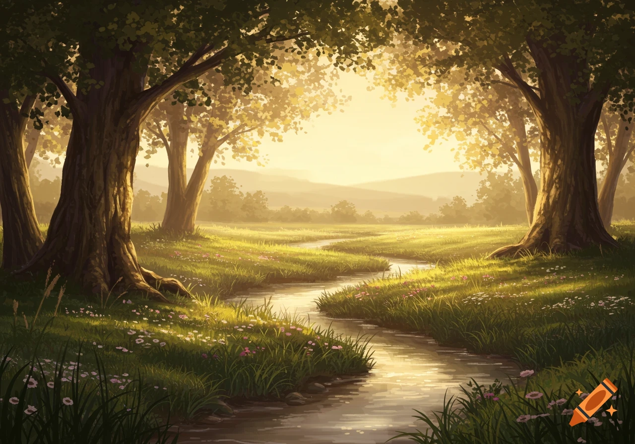 A vibrant painting of a sunlit forest landscape with a winding river through a grassy meadow and wildflowers.
