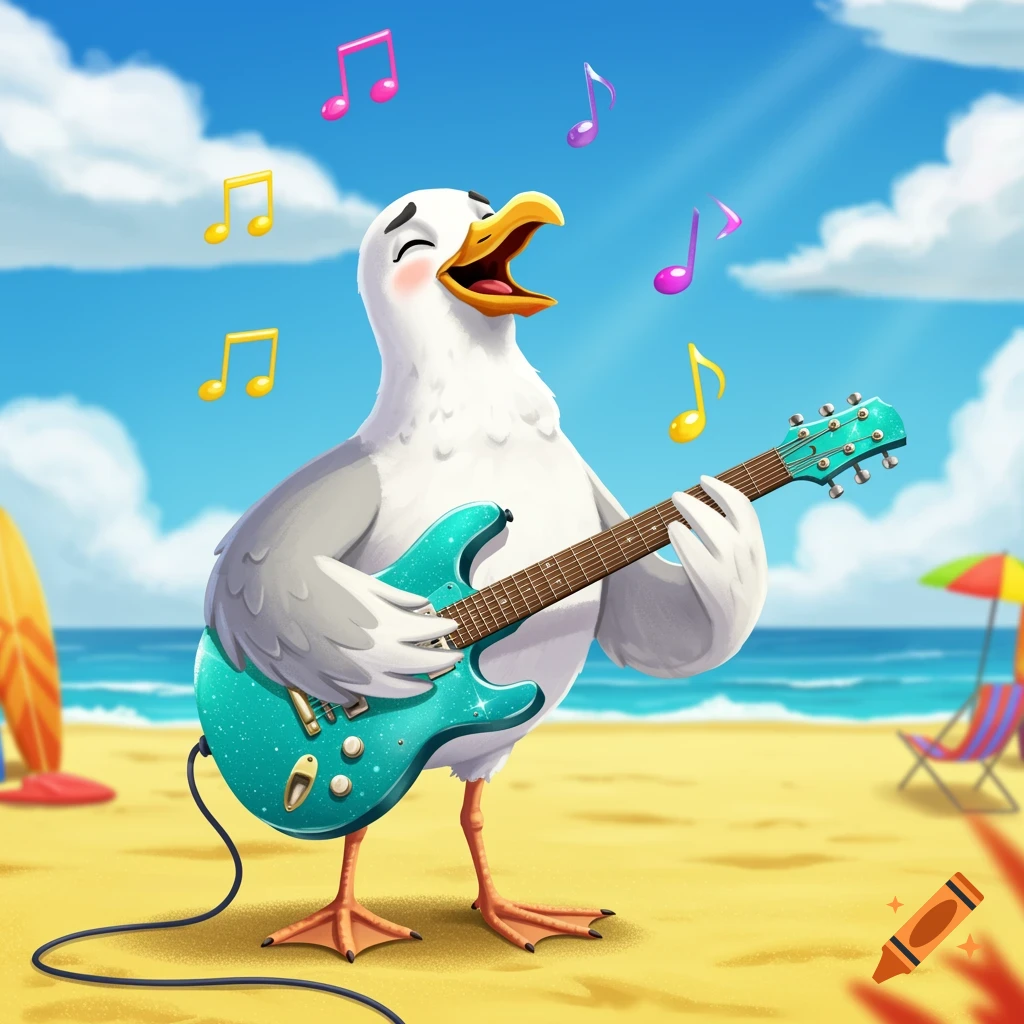 A cheerful cartoon seagull with a turquoise electric guitar sings on a sunny beach, surrounded by colorful musical notes.