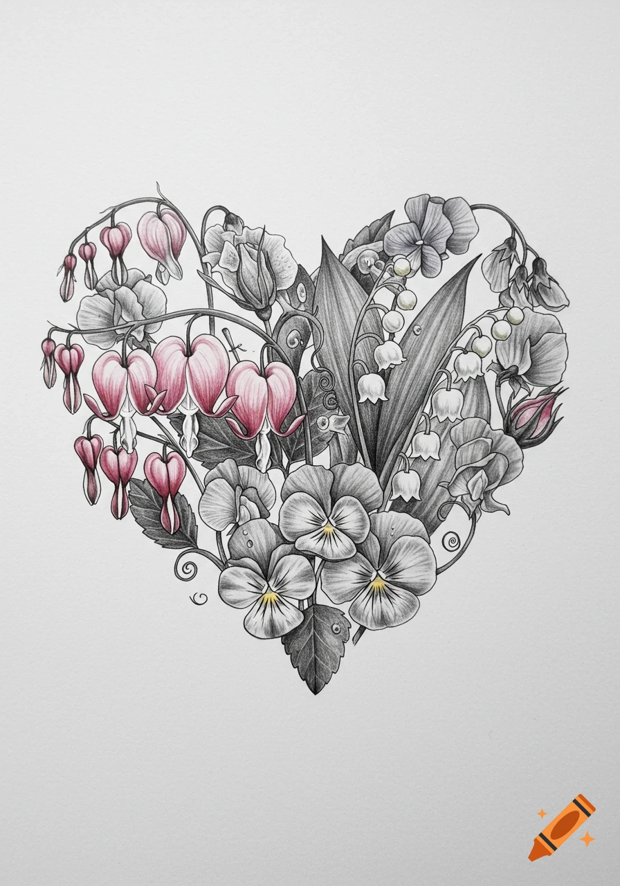 A detailed botanical sketch of a heart shape filled with pink bleeding hearts, white lily of the valley, and grayscale pansies on a white background.