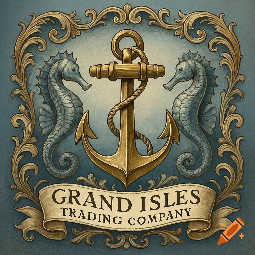 An ornate vintage emblem featuring a golden anchor, two blue seahorses, and a banner reading "GRAND ISLES TRADING COMPANY" on a teal background.