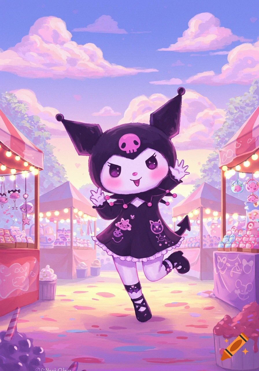 A cute cartoon character, Kuromi, in a pastel-colored market under a pink and purple sky.