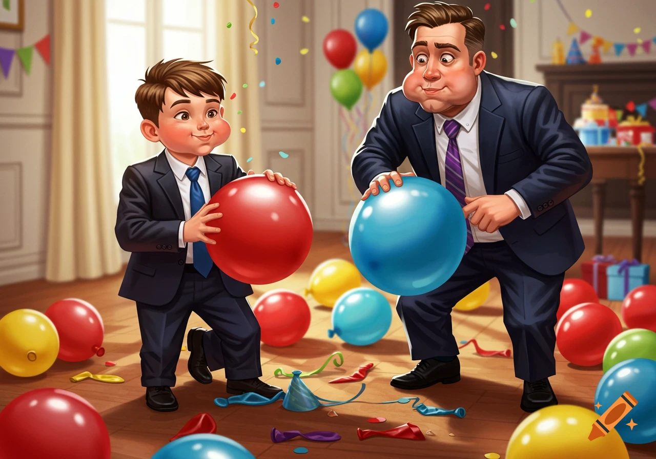 Cartoon father and son in suits puffing cheeks while holding balloons at an indoor party with confetti and scattered balloons.