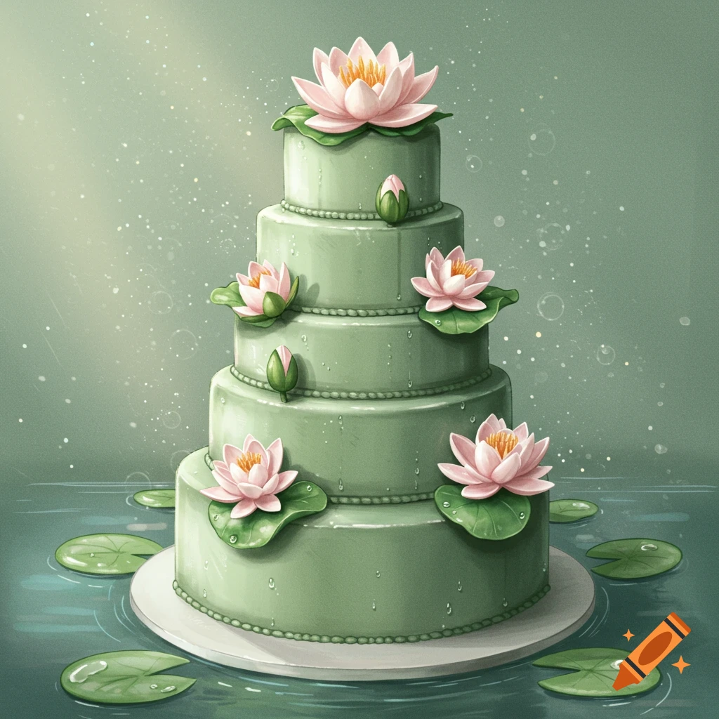 A four-tiered sage green cake adorned with pink water lilies and lily pads, sitting in water.