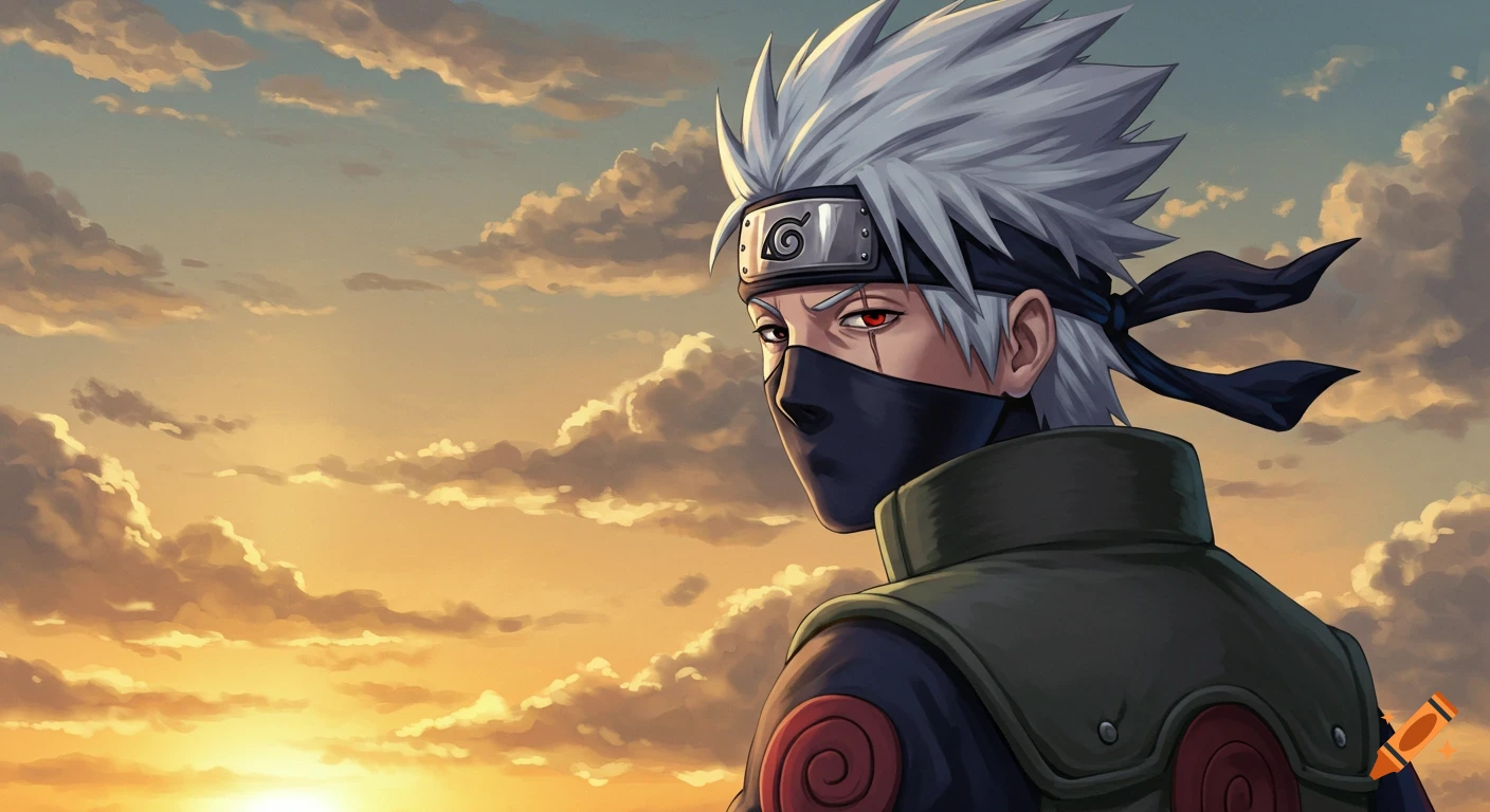 Kakashi Hatake from Naruto looking back against a vibrant sunset sky in an anime art style.