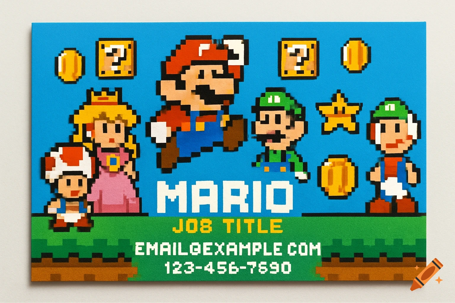 A retro pixel art business card with Super Mario characters, including Mario, Luigi, Peach, and Toad, on a blue background.