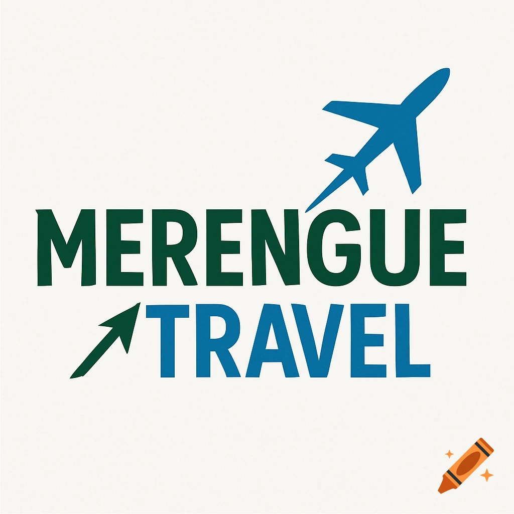 A white background with 'MERENGUE' in dark green and 'TRAVEL' in blue, with a blue airplane above and a green arrow pointing to 'TRAVEL'.