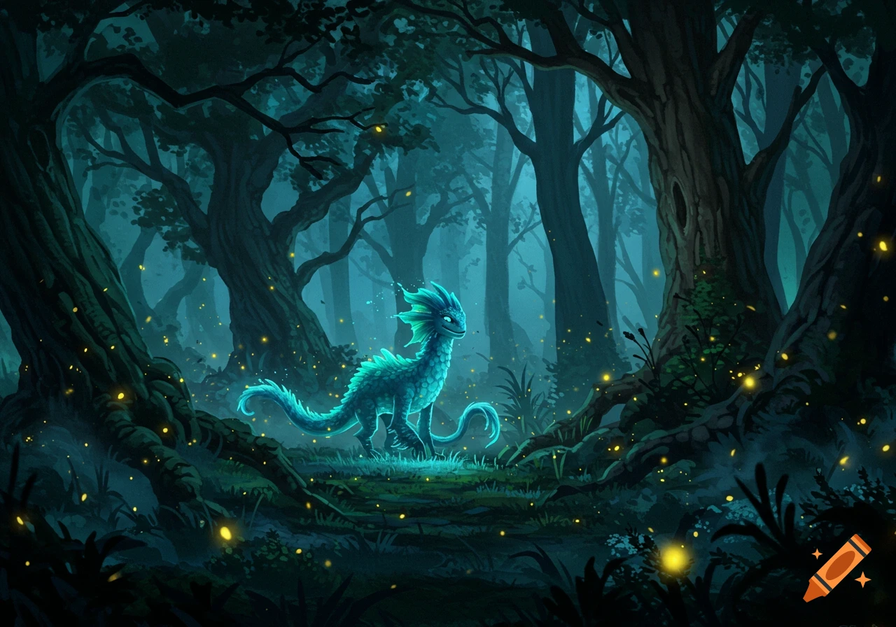 A glowing teal fantasy creature stands in a dark, mystical forest filled with yellow fireflies, illustrated in a fantasy art style.