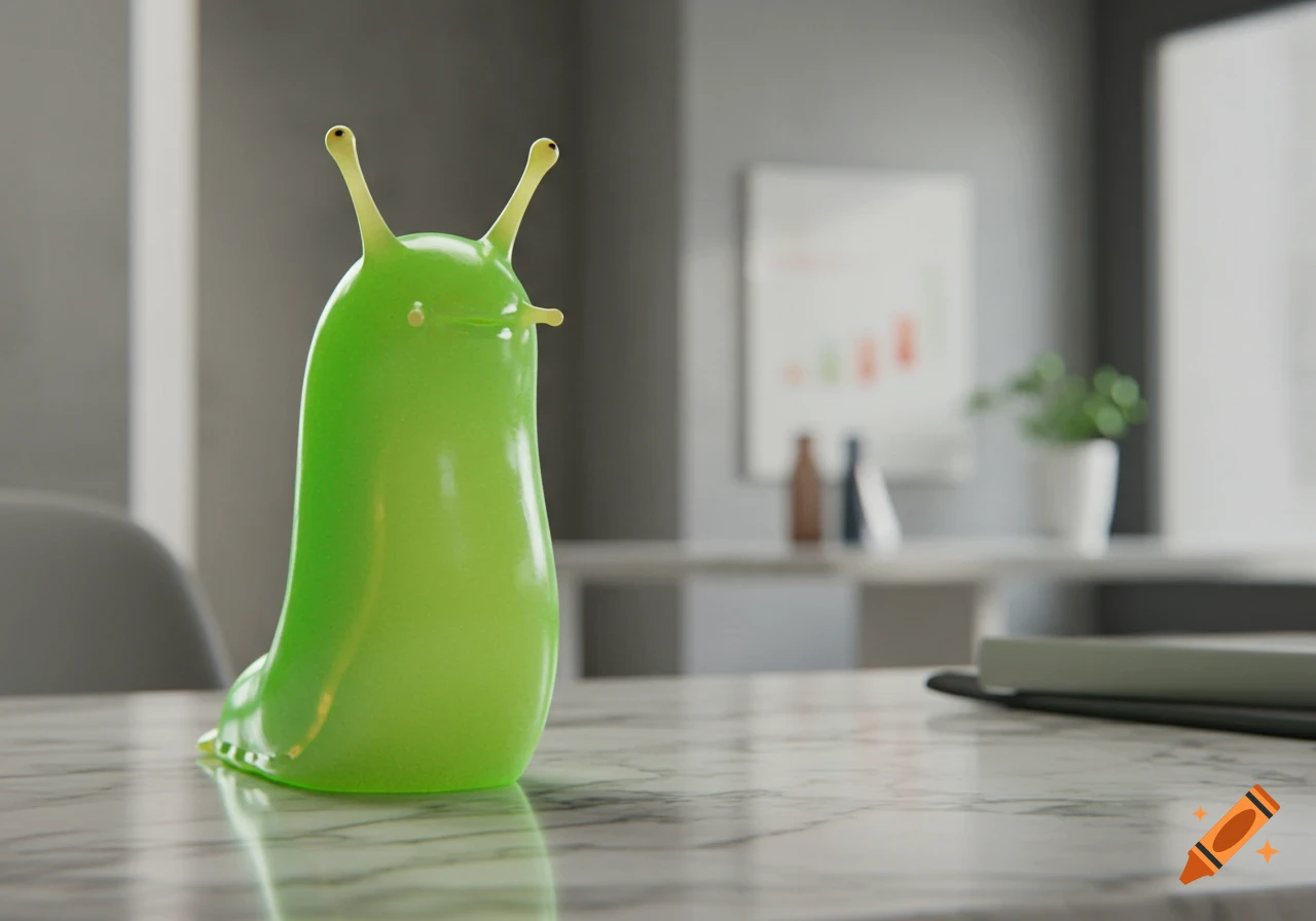 A bright green, cartoon-like slug with eye stalks stands on a marble desk in an office setting.